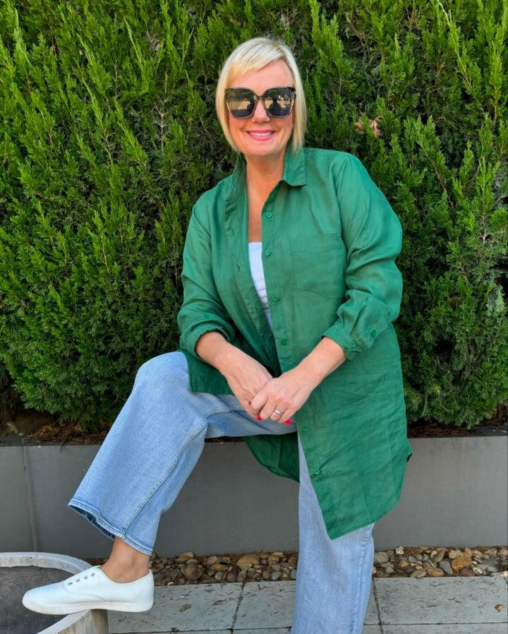 Long Linen Shirt in Forest Green - Shirt
