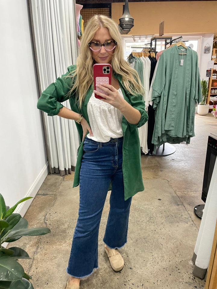 Long Linen Shirt in Forest Green - Shirt