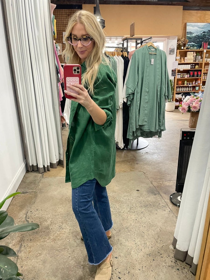 Long Linen Shirt in Forest Green - Shirt