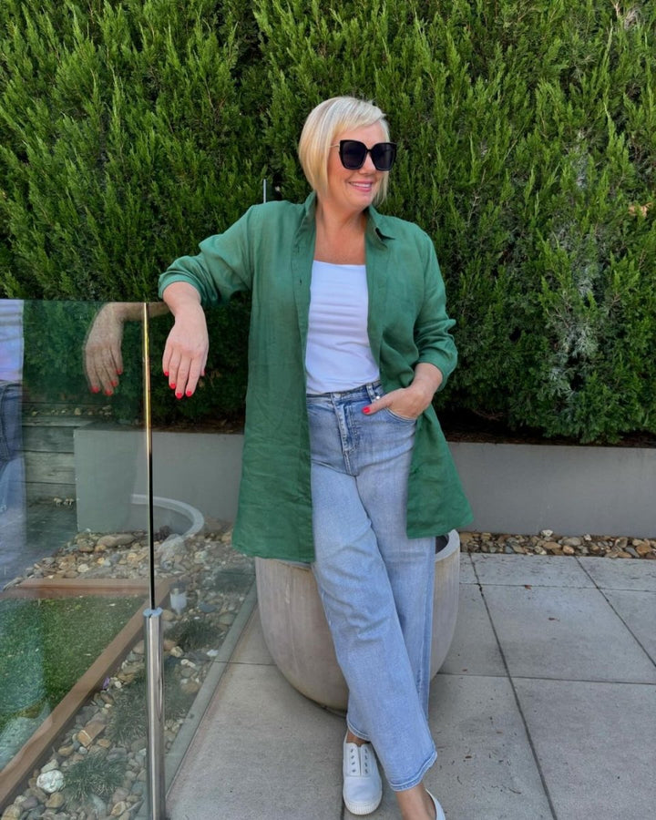 Long Linen Shirt in Forest Green - Shirt