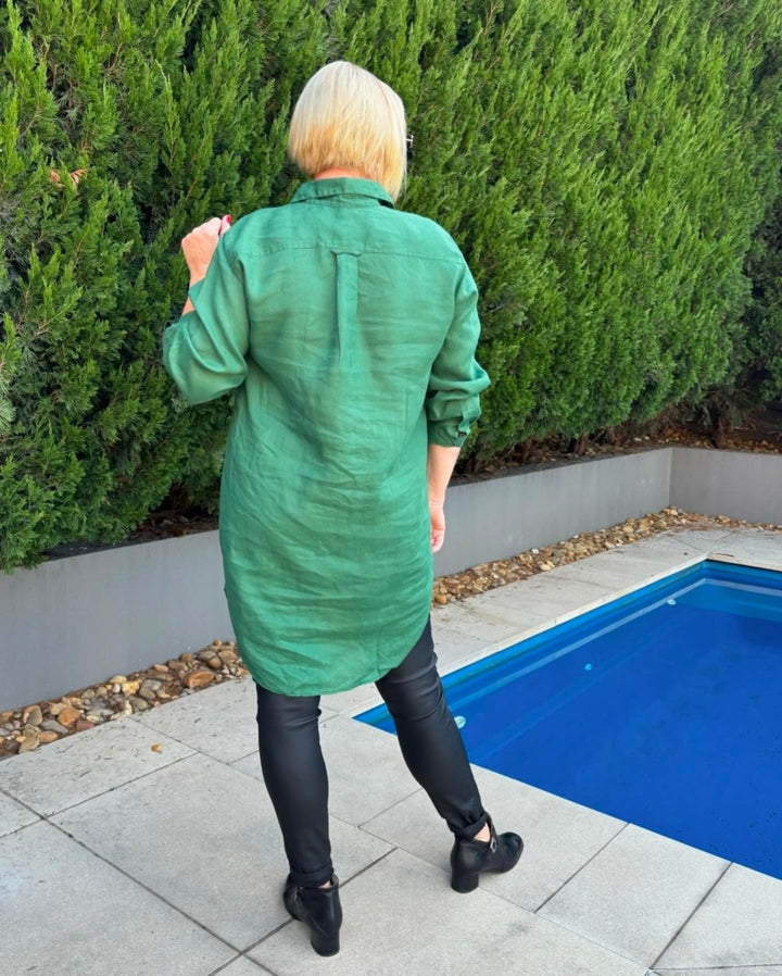 Long Linen Shirt in Forest Green - Shirt