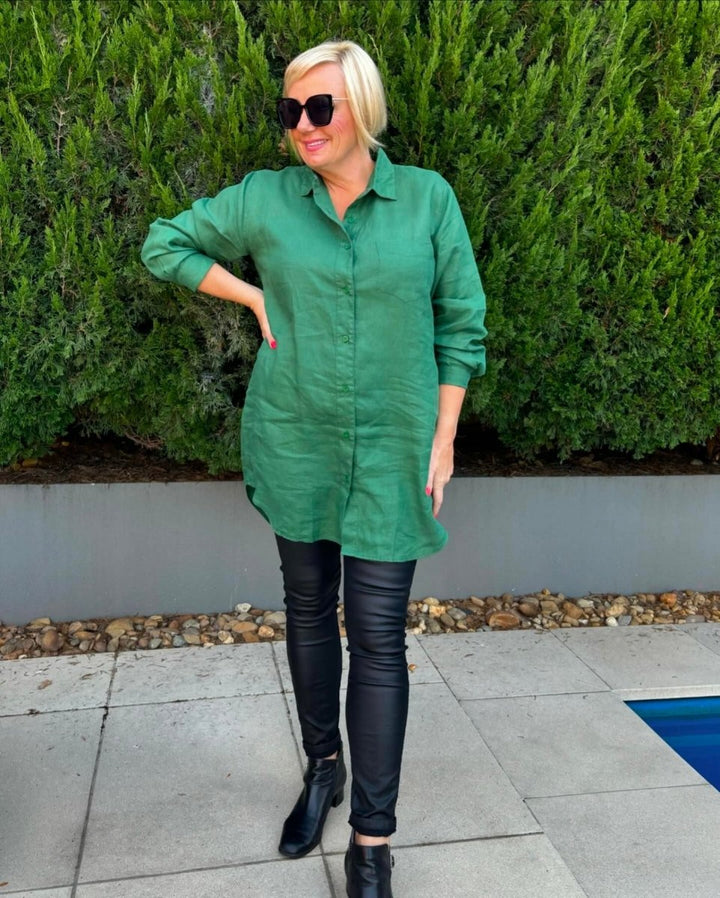 Long Linen Shirt in Forest Green - Shirt