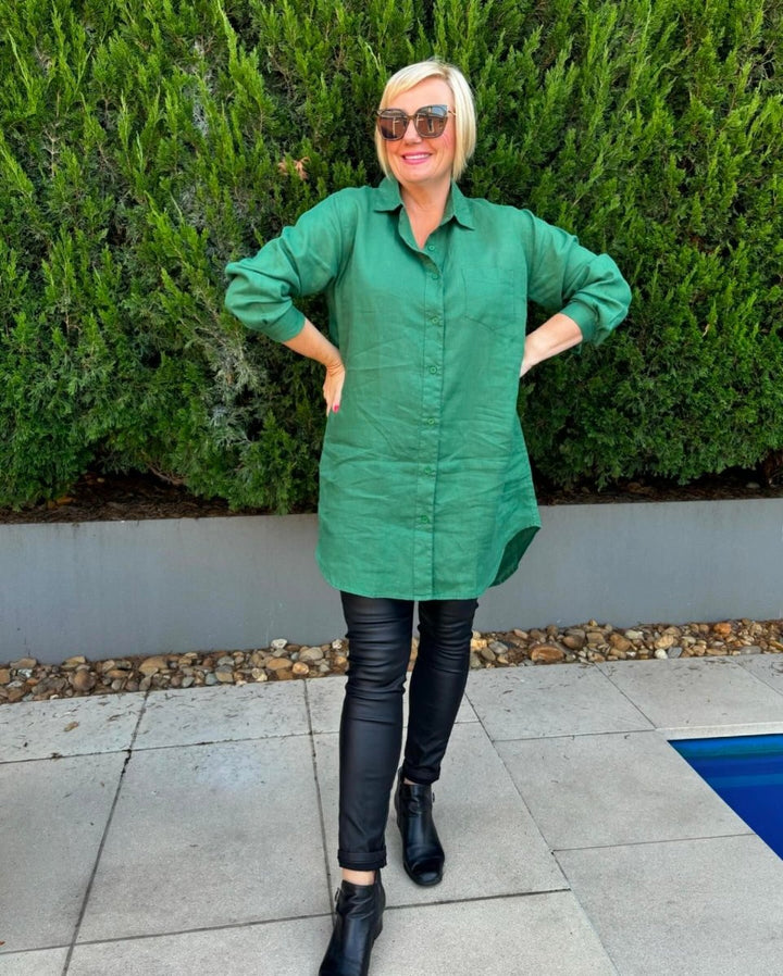 Long Linen Shirt in Forest Green - Shirt