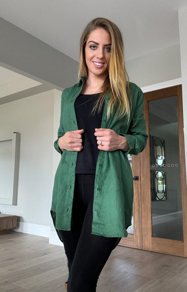 Long Linen Shirt in Forest Green - Shirt