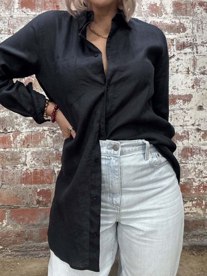 Long Linen Shirt in Black - Shirt