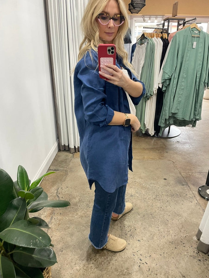 Long Linen Shirt in Navy - Shirt
