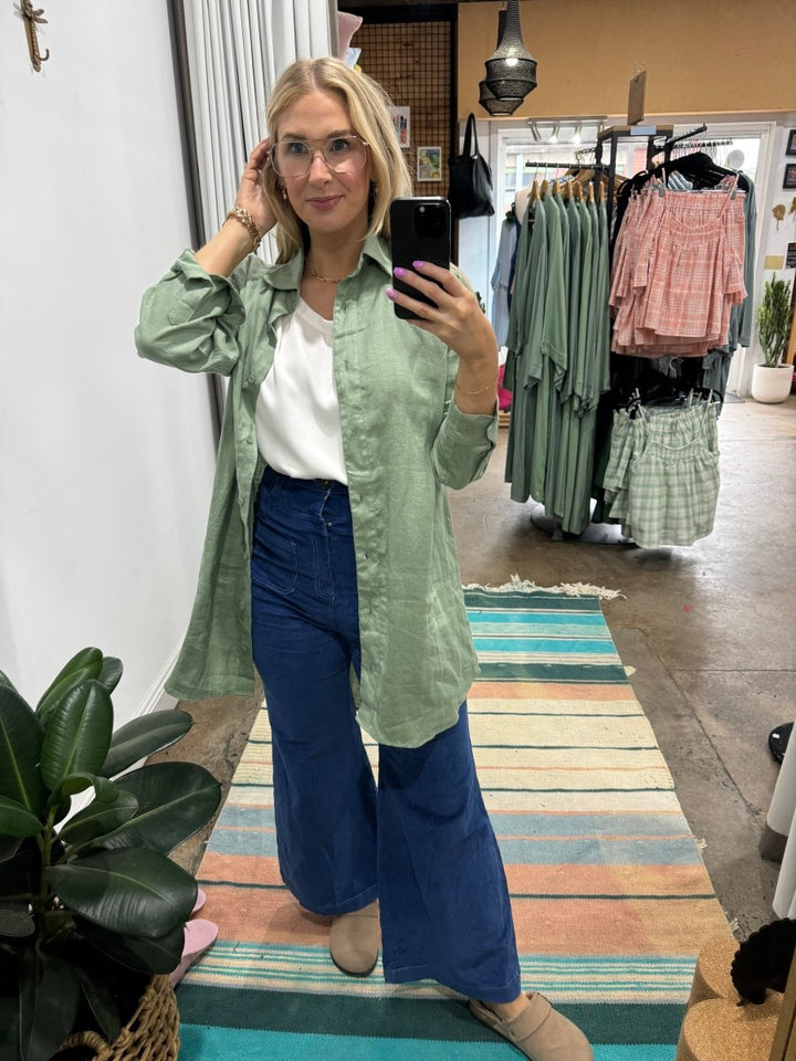 Long Linen Shirt in Pistachio - Shirt