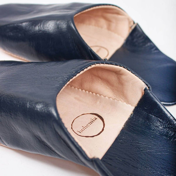 Babouche Moroccan Leather Slippers in Indigo - House Slippers
