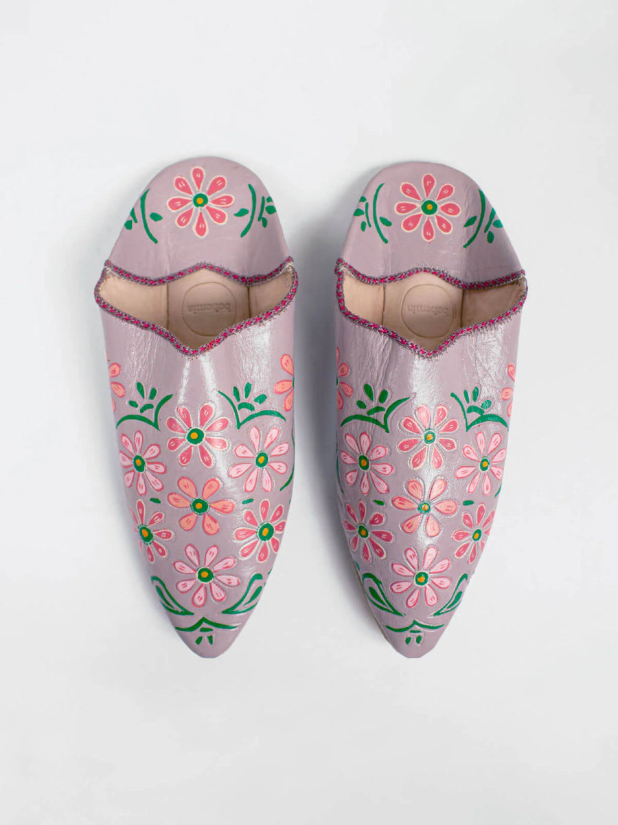 Moroccan Leather Babouche Slippers in Pink - Handpainted-Jade and May-Slippers-Jade and May