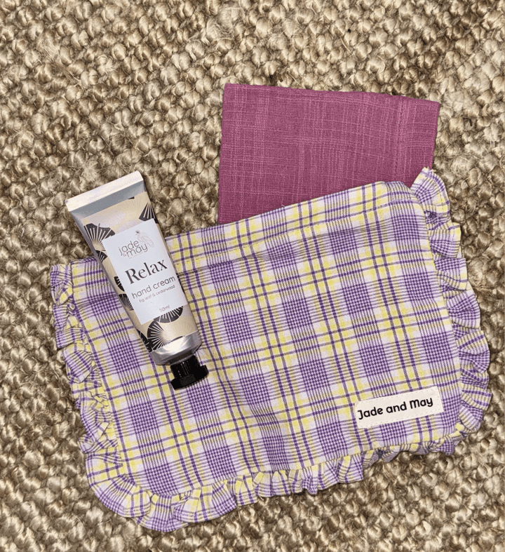 Ruffle Zip Up Pouch in Purple and Yellow Tartan - Toiletry Bag