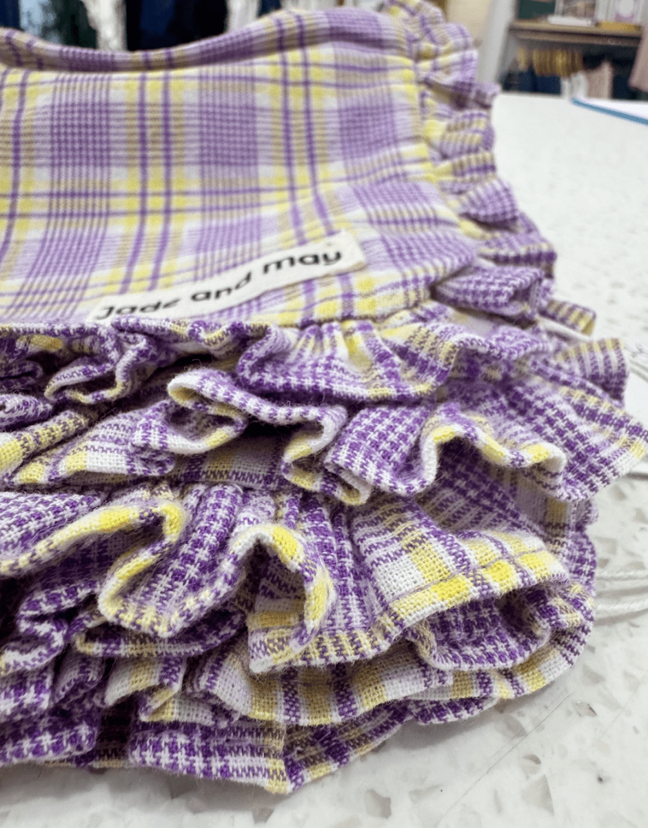 Ruffle Zip Up Pouch in Purple and Yellow Tartan - Toiletry Bag