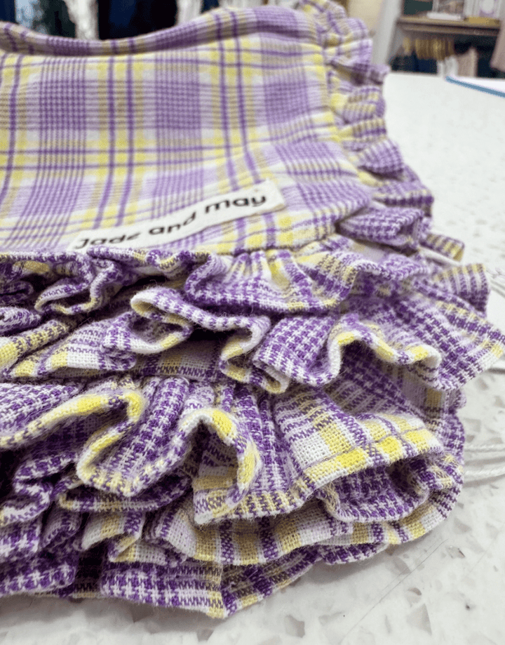 Ruffle Zip Up Pouch in Purple and Yellow Tartan - Toiletry Bag