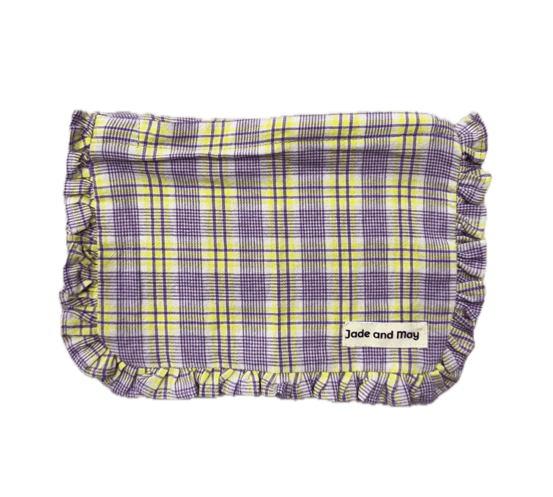 Ruffle Zip Up Pouch in Purple and Yellow Tartan - Toiletry Bag