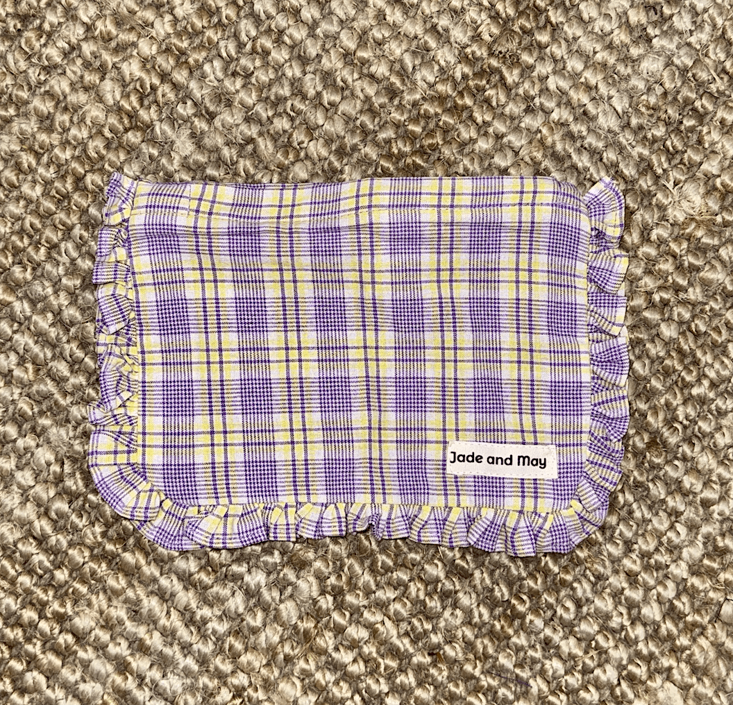 Ruffle Zip Up Pouch in Purple and Yellow Tartan - Toiletry Bag