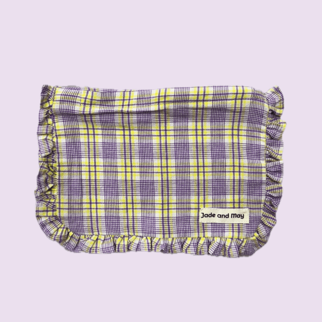 Ruffle Zip Up Pouch in Purple and Yellow Tartan - Toiletry Bag