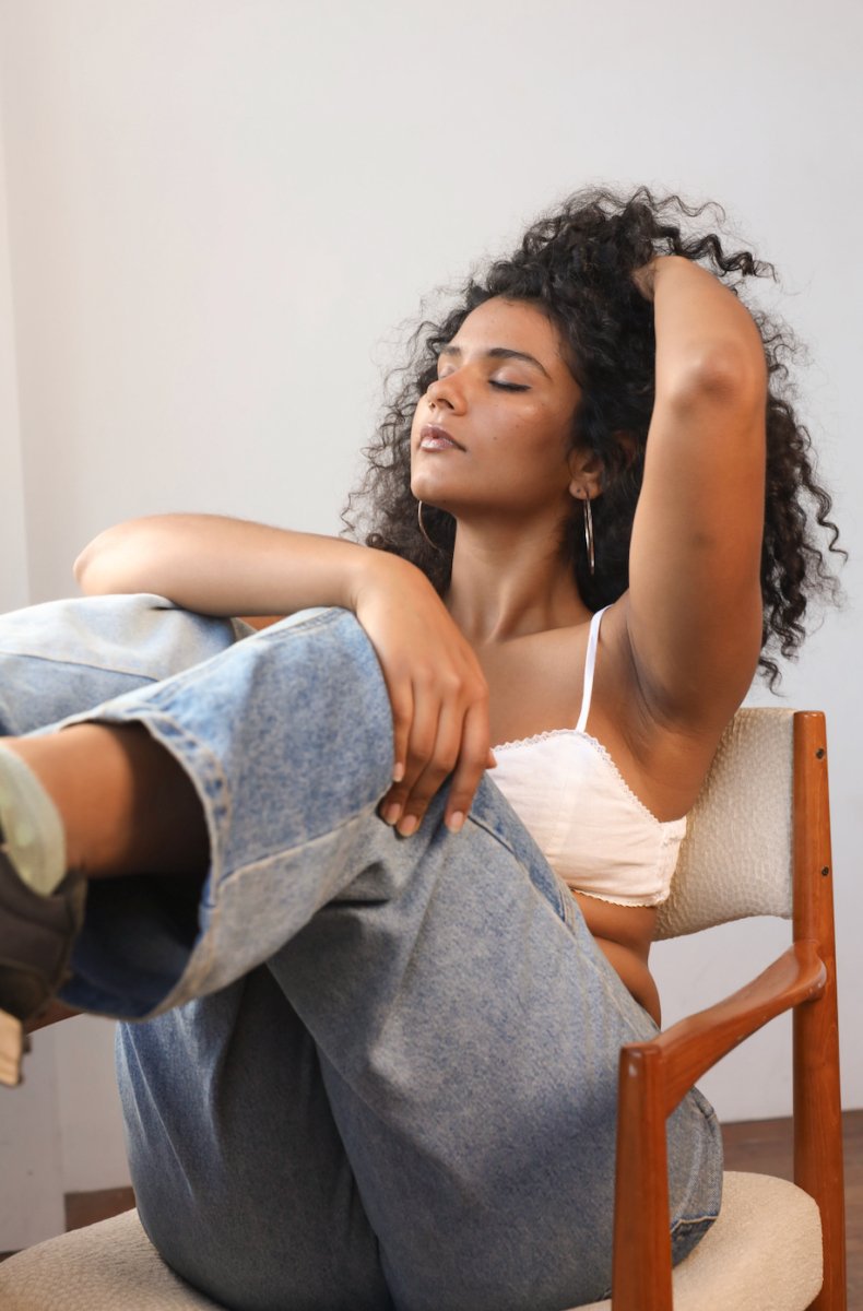 White linen bralette with soft natural texture and adjustable straps, ethically made from 100% linen by Jade and May