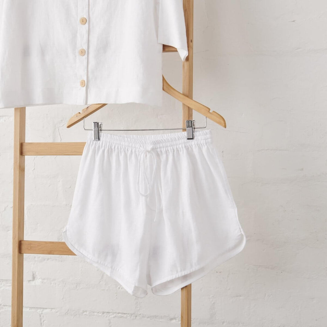White Linen Pyjamas - Relaxed Button Up & Short Set - close up of white linen shorts