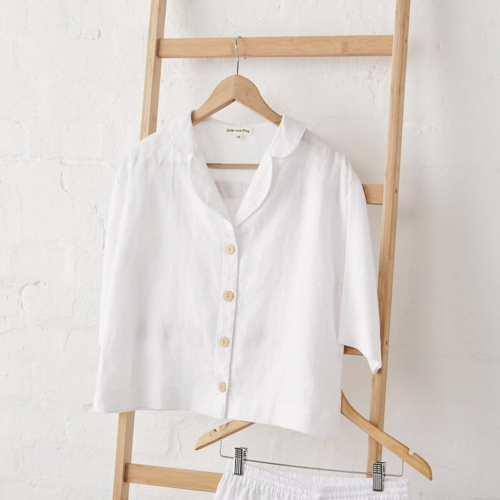 White Linen Pyjamas - Relaxed Button Up & Short Set - Close up of button up shirt