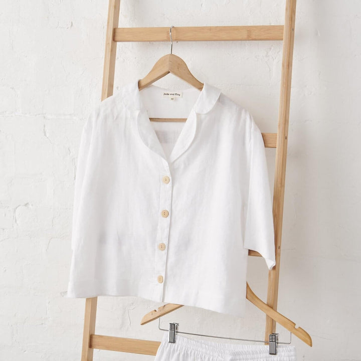 White Linen Pyjamas - Relaxed Button Up & Short Set - Close up of button up shirt