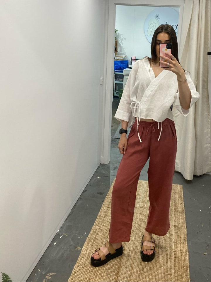 Wide Leg Linen Pant - Antique Red - Apparel