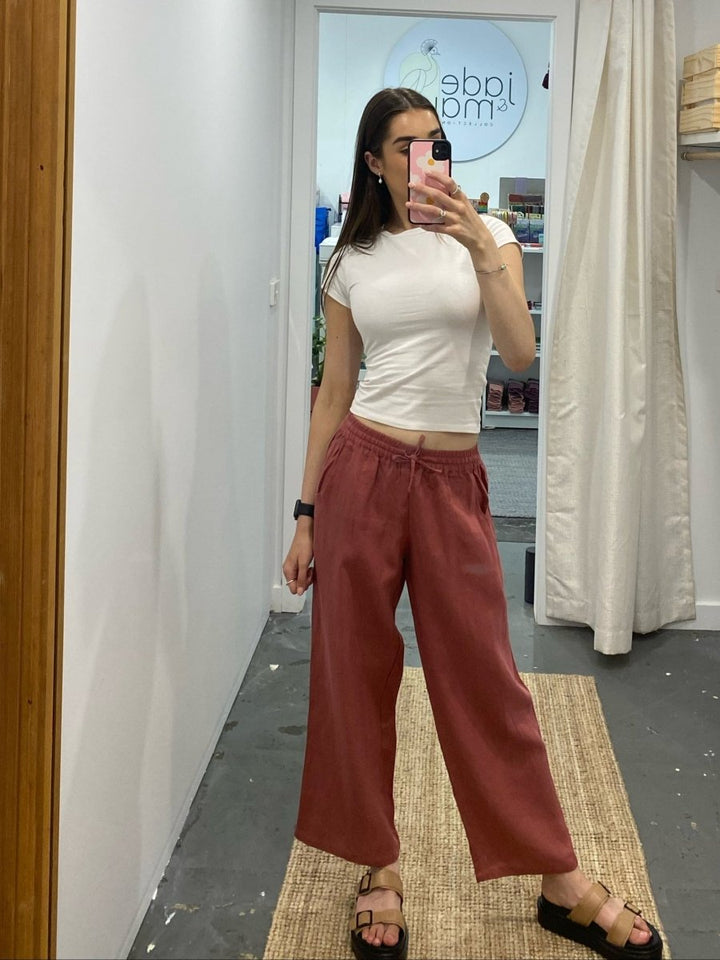 Wide Leg Linen Pant - Antique Red - Apparel