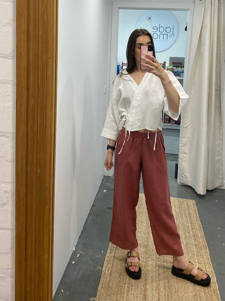 Wide Leg Linen Pant - Antique Red - Apparel