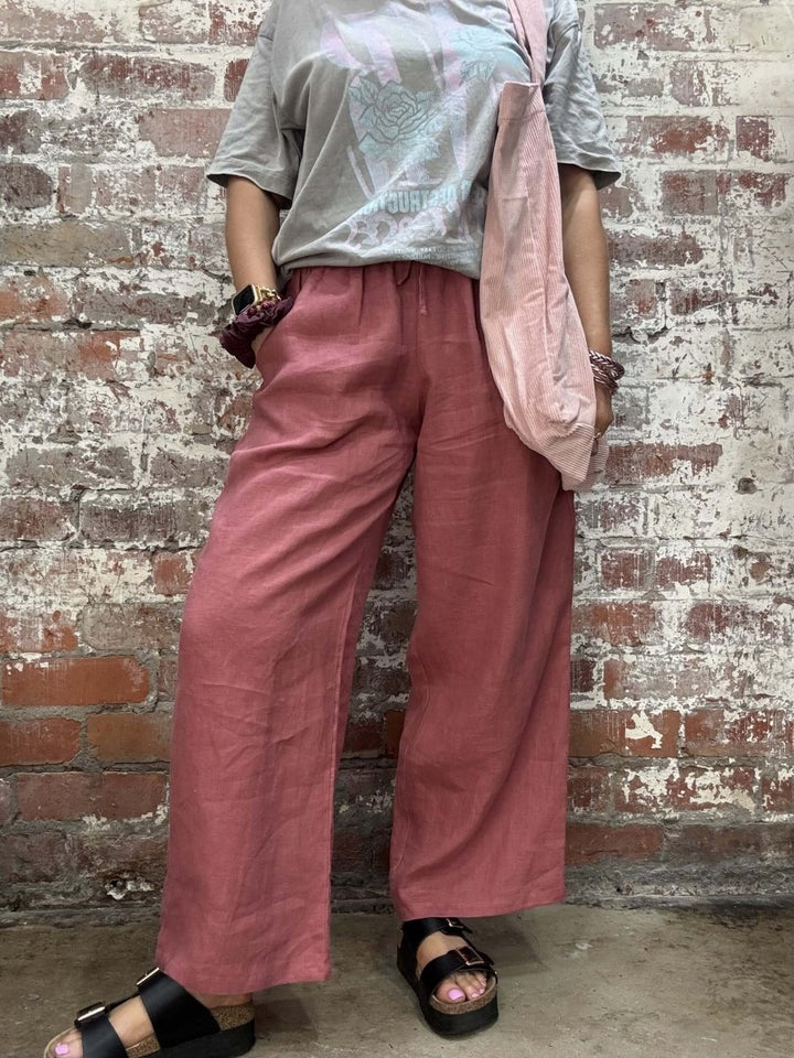 Wide Leg Linen Pant - Antique Red - Apparel