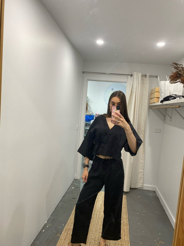 Wide Leg Linen Pant in Black with black linen wrap shirt at jade and may