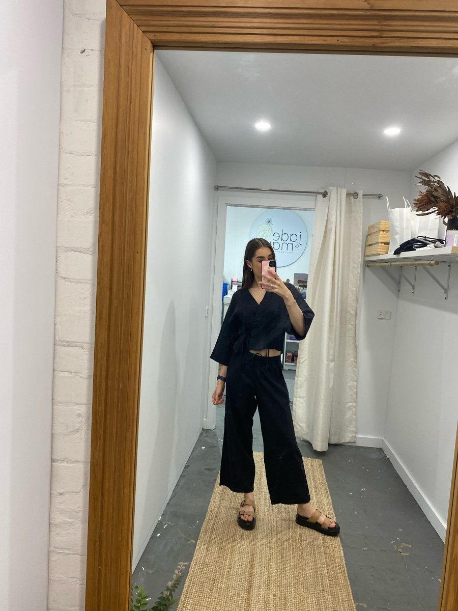Wide Leg Linen Pant in Black with black long sleeve linen top