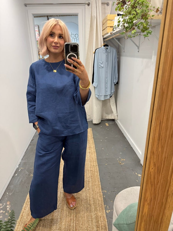 Wide Leg Linen Pant in Navy - Pant