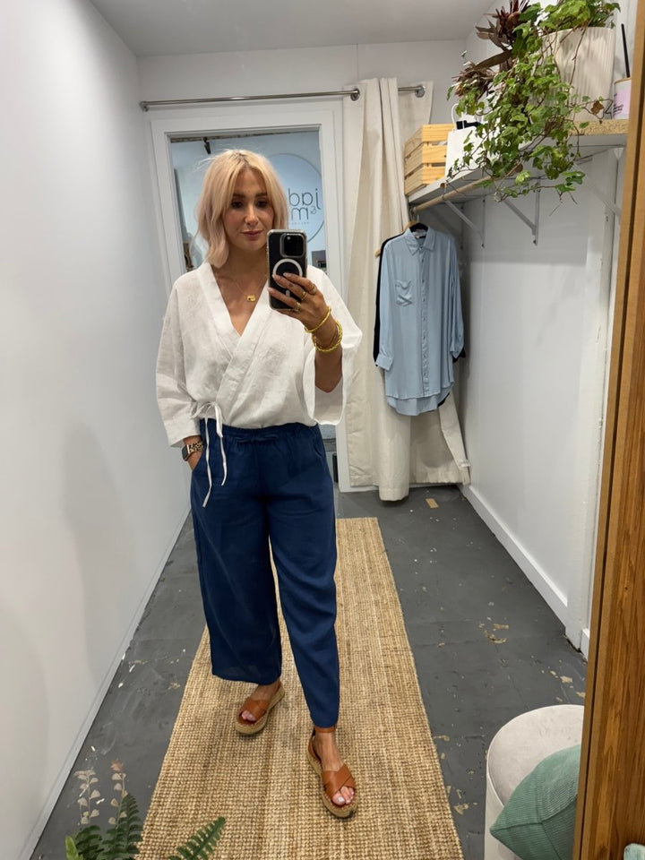 Wide Leg Linen Pant in Navy - Pant