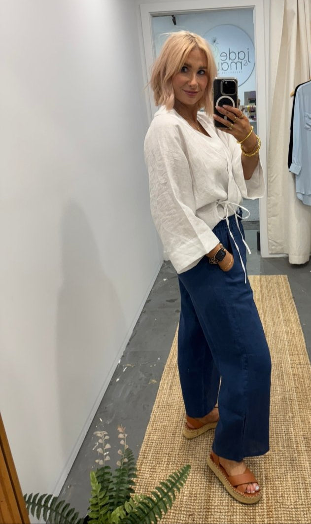 Wide Leg Linen Pant in Navy - Pant