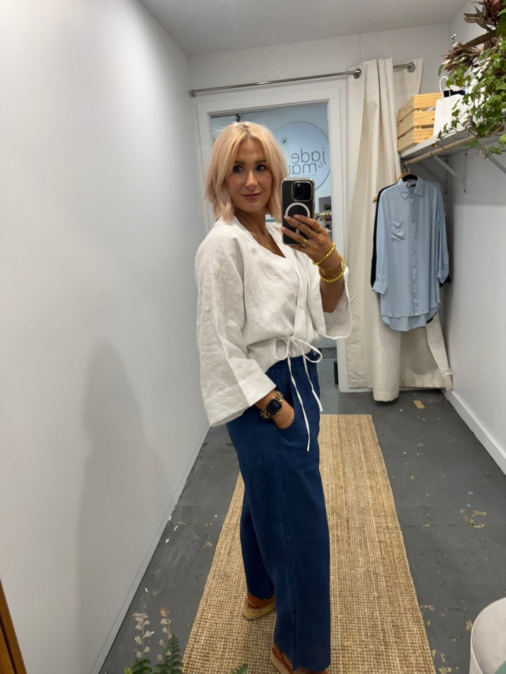 Wide Leg Linen Pant in Navy - Pant