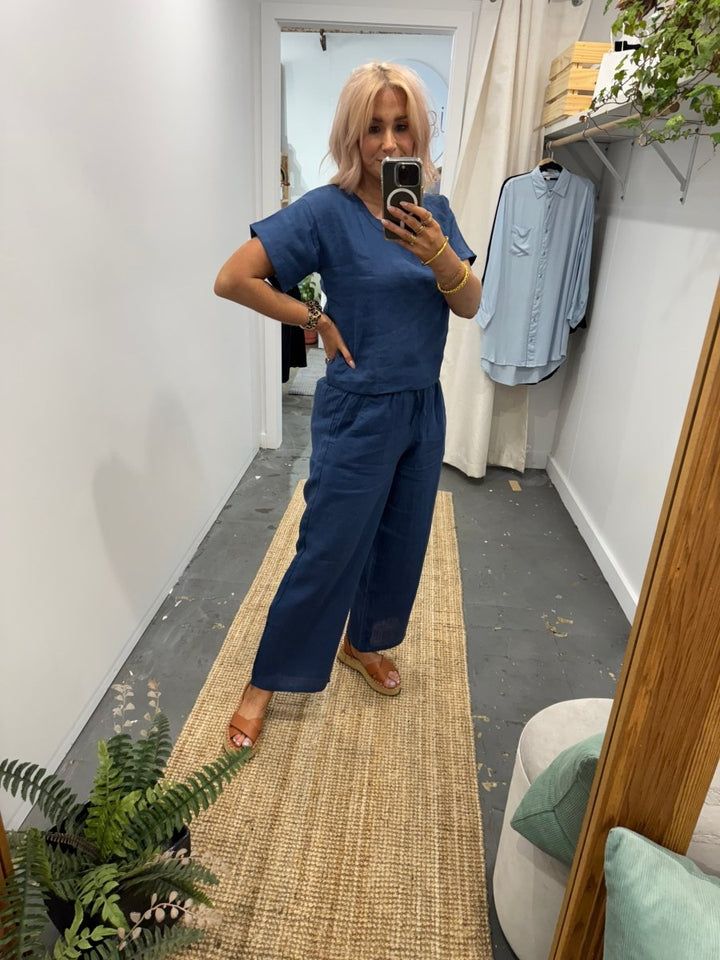 Wide Leg Linen Pant in Navy - Pant
