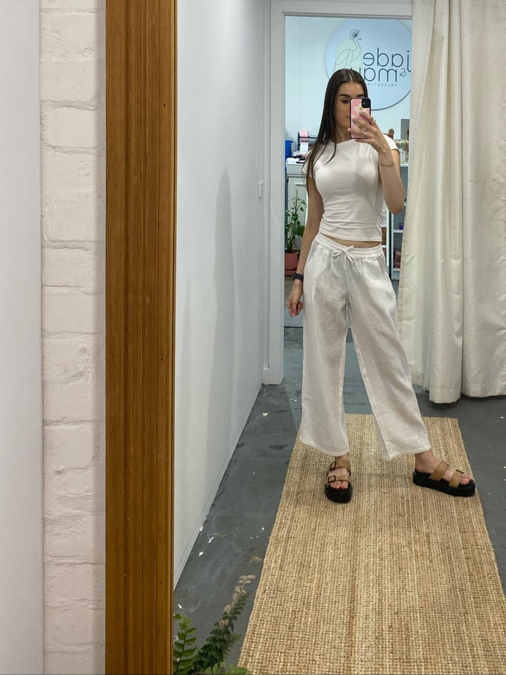 Wide Leg Linen Pant in White - Apparel