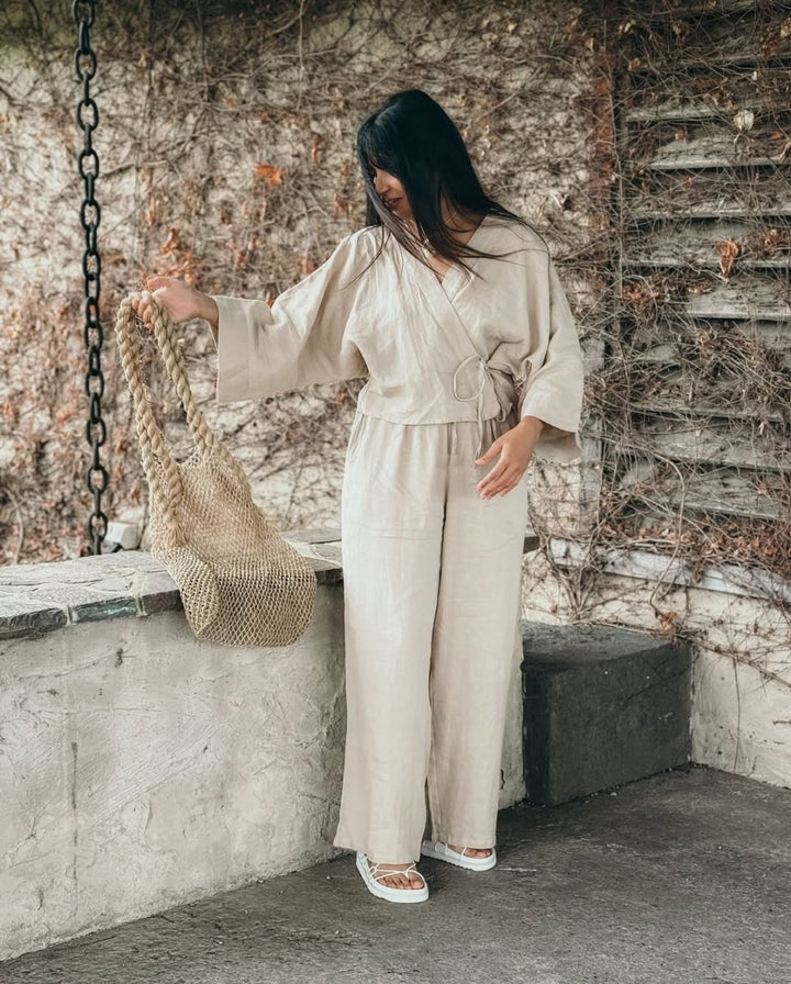 Wrap Shirt in Latte Linen - Apparel