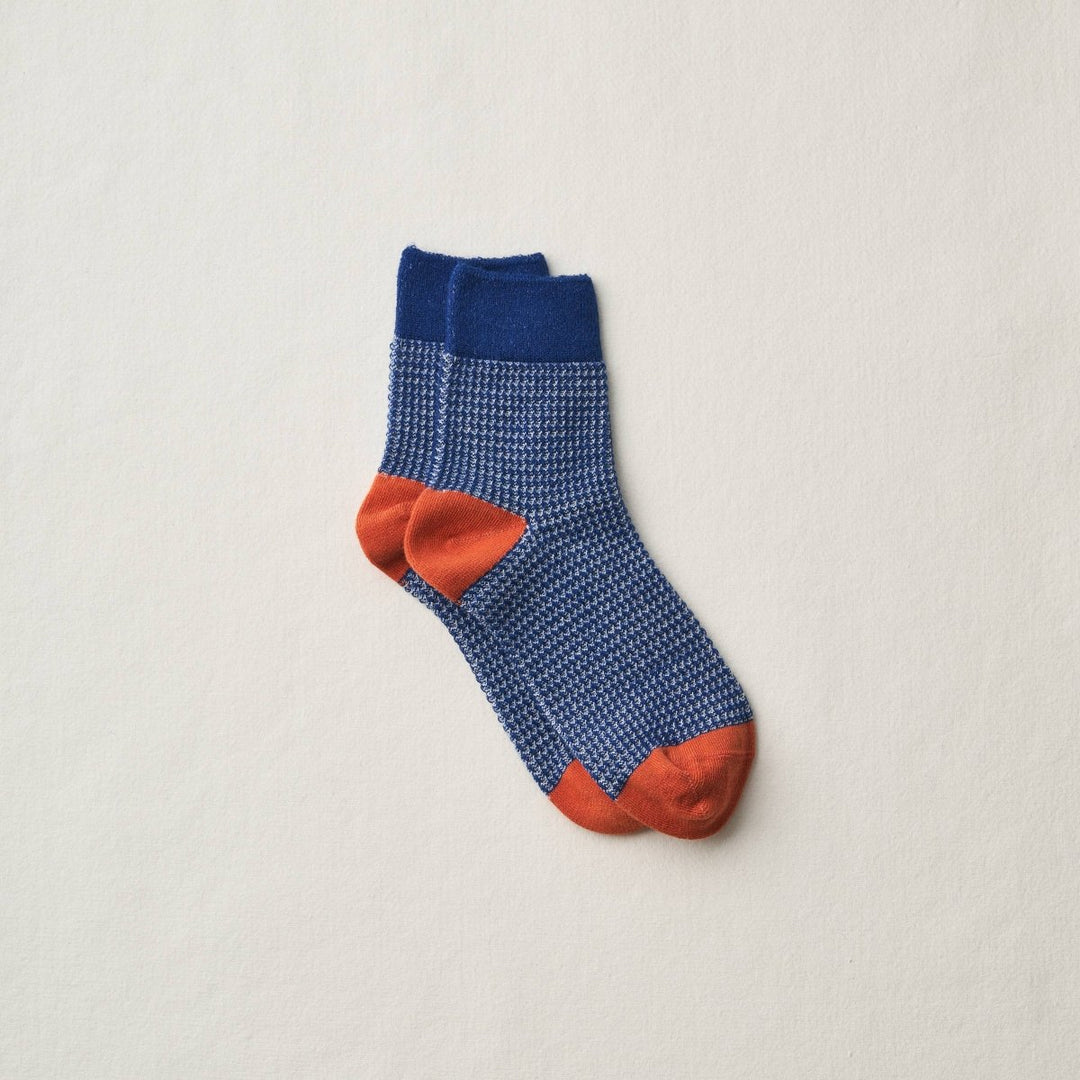 Yahae Organic Cotton Waffle Pattern Ankle Socks in Blue & Orange - Socks