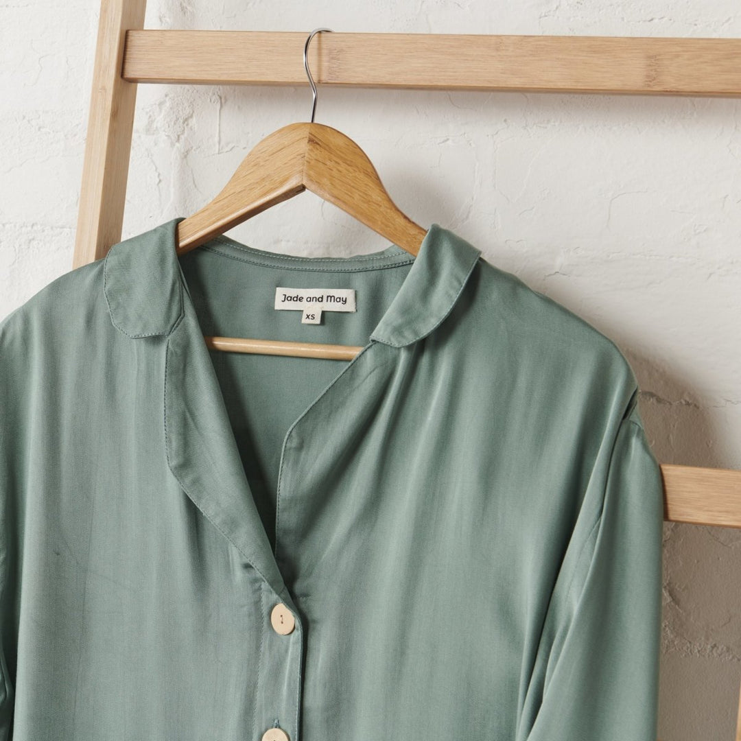 Bamboo Satin Crop Button Up + Pant Set | Sage Green - Pajamas