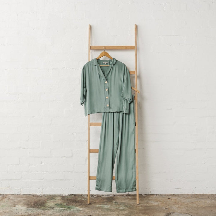 Bamboo Satin Crop Button Up + Pant Set | Sage Green - Pajamas