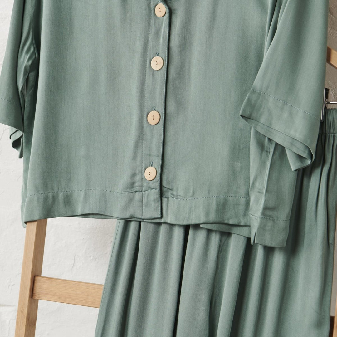 Bamboo Satin Crop Button Up + Pant Set | Sage Green - Pajamas