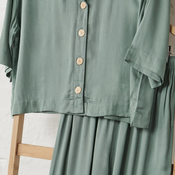 Bamboo Satin Crop Button Up + Pant Set | Sage Green - Pajamas