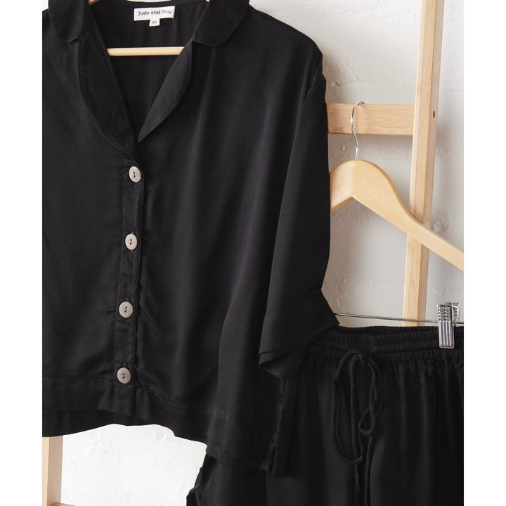 Bamboo Pyjamas - Crop Button Up + Pant Set in Black - Pajamas