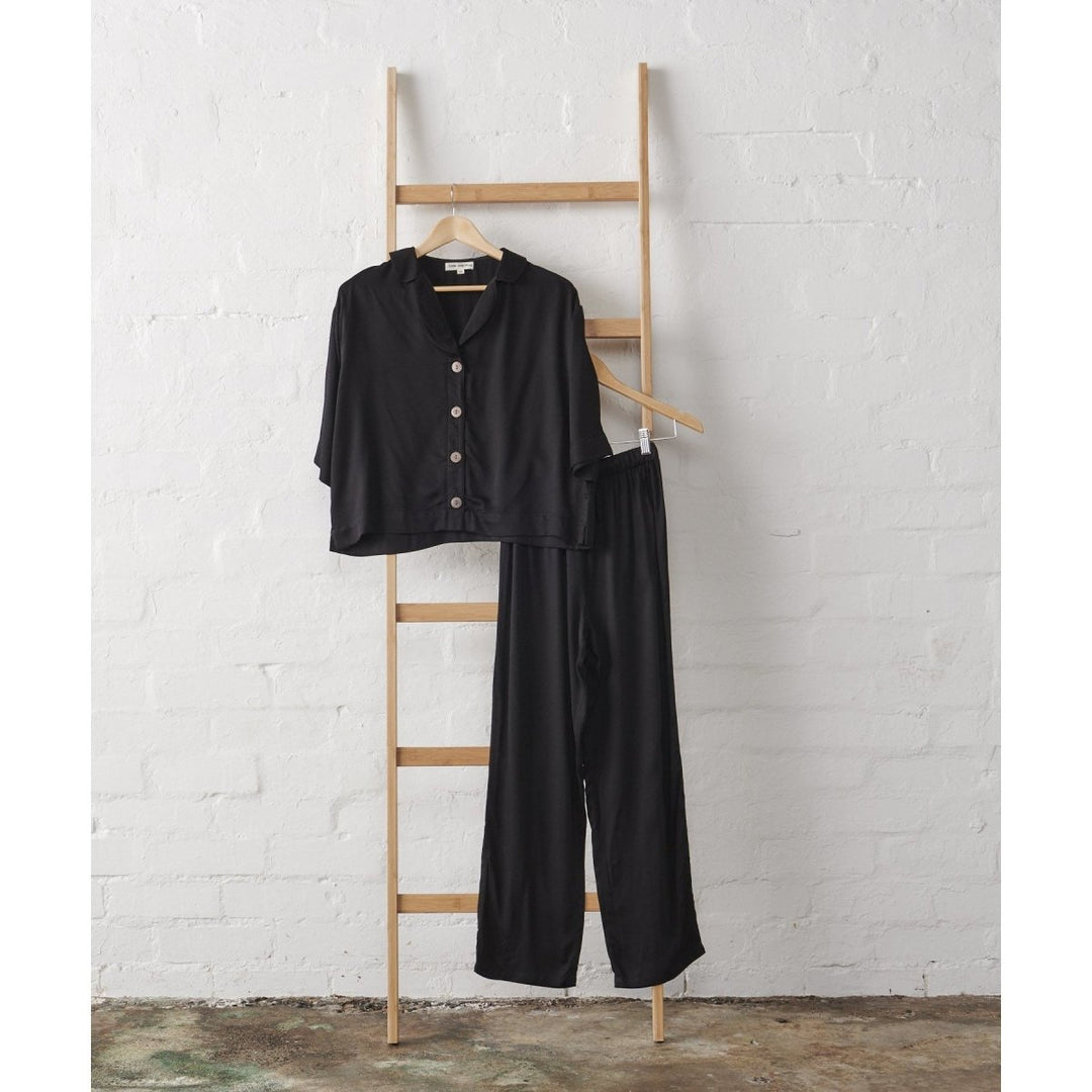 Bamboo Pyjamas - Crop Button Up + Pant Set in Black - Pajamas