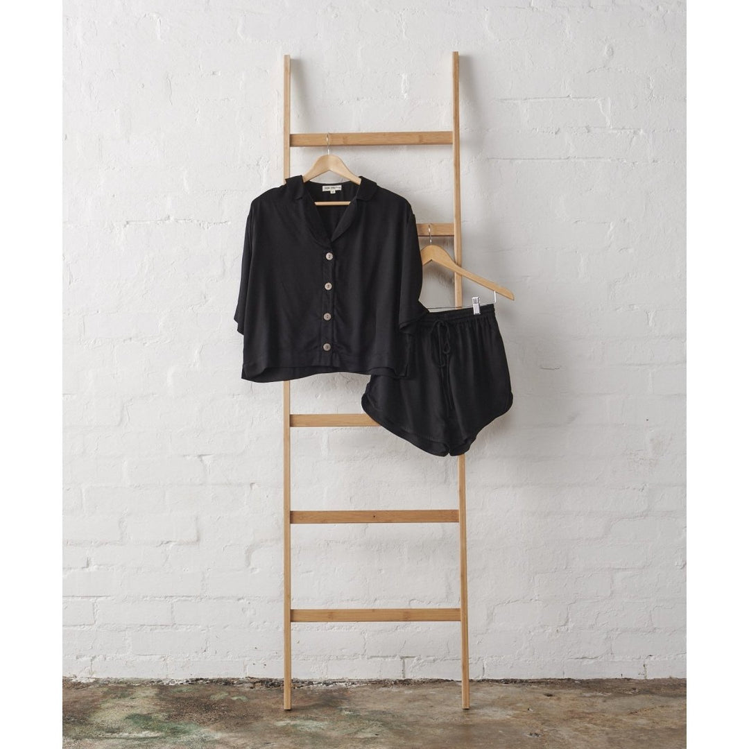 Bamboo Pyjamas - Crop Button Up + Short PJ Set in Black - Pyjamas