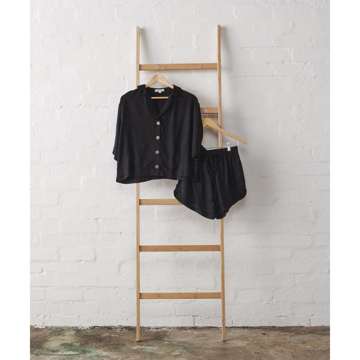 Bamboo Pyjamas - Crop Button Up + Short PJ Set in Black - Pyjamas