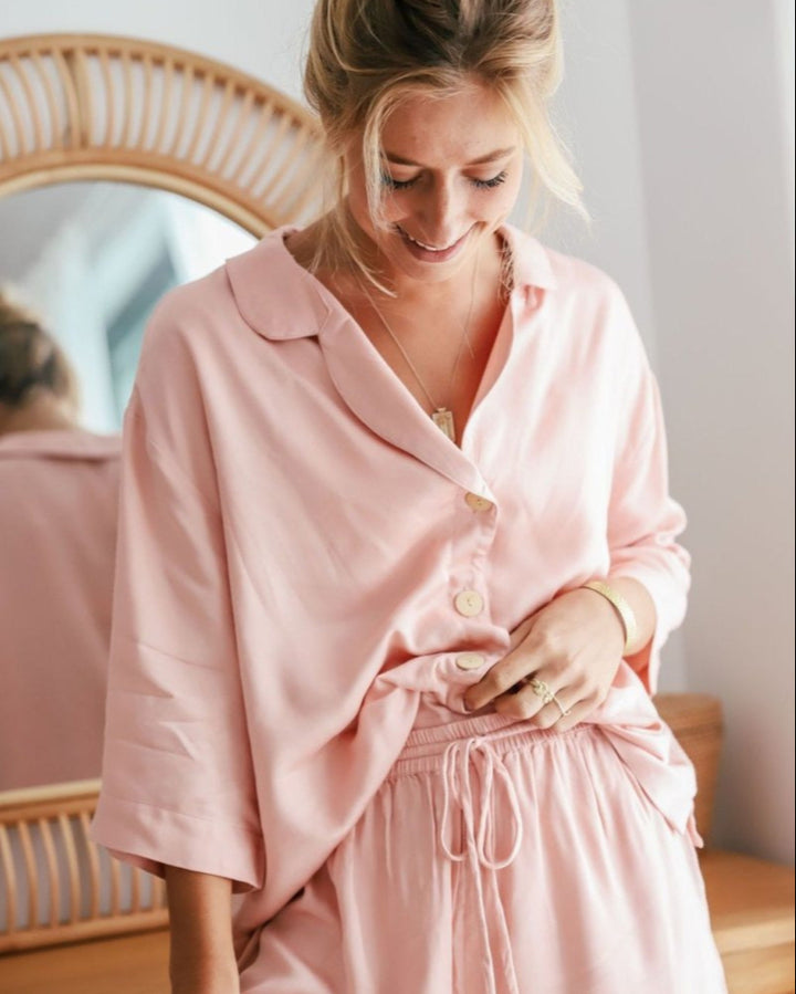 Bamboo Pyjamas - Crop Button Up + Short PJ Set in Pink - Pyjamas
