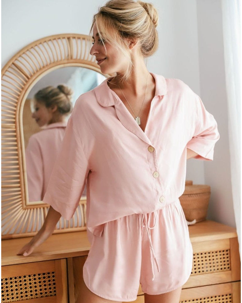 Bamboo Pyjamas - Crop Button Up + Short PJ Set in Pink - Pyjamas