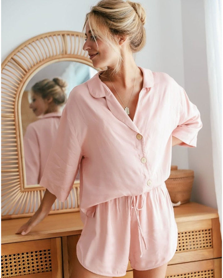 Bamboo Pyjamas - Crop Button Up + Short PJ Set in Pink - Pyjamas