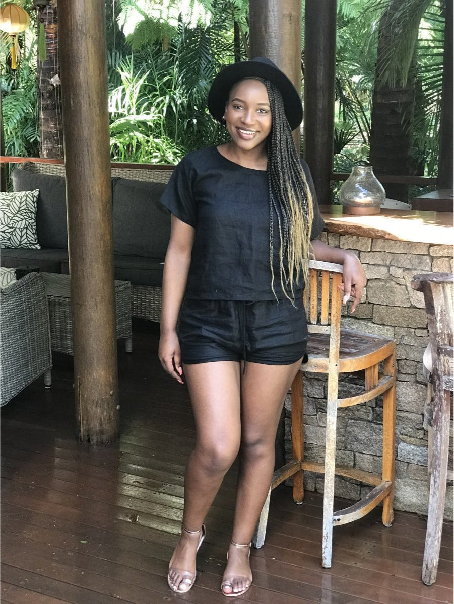 Black T-Shirt and Short Linen Lounge Set - Lounge Wear