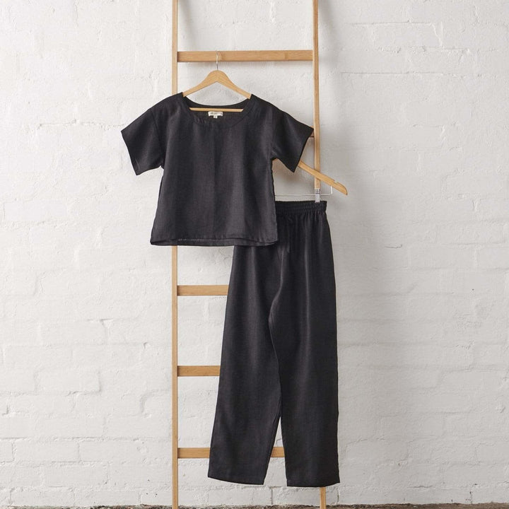 Linen Tee & Pant Set in Black - Pyjamas